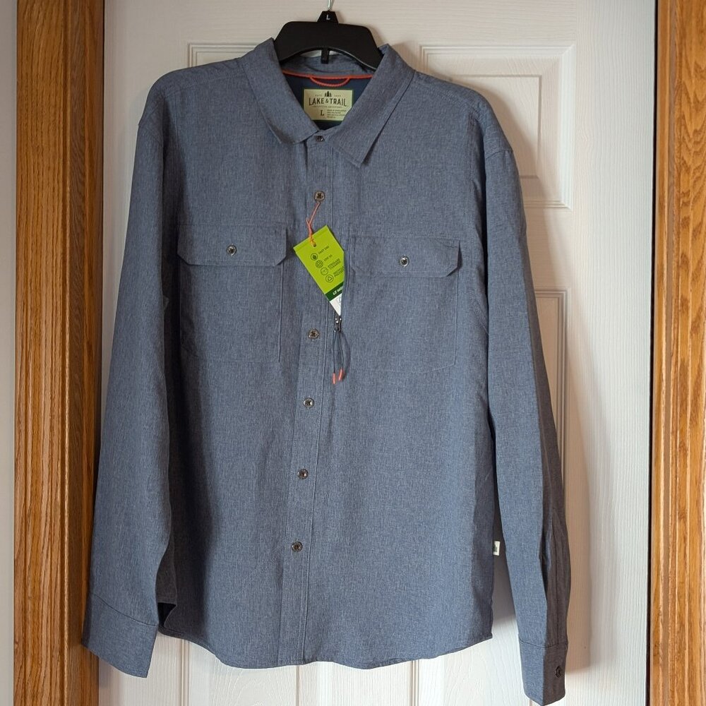 Lake and Trail Men's Large Blue Button-up Long Sleeve Wooven Fast Dry Shirt
